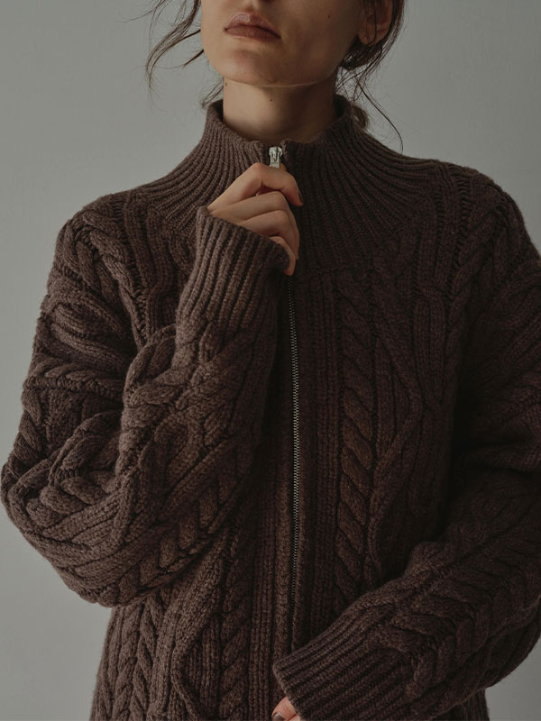 ダブルジップケーブルニットカーディガン