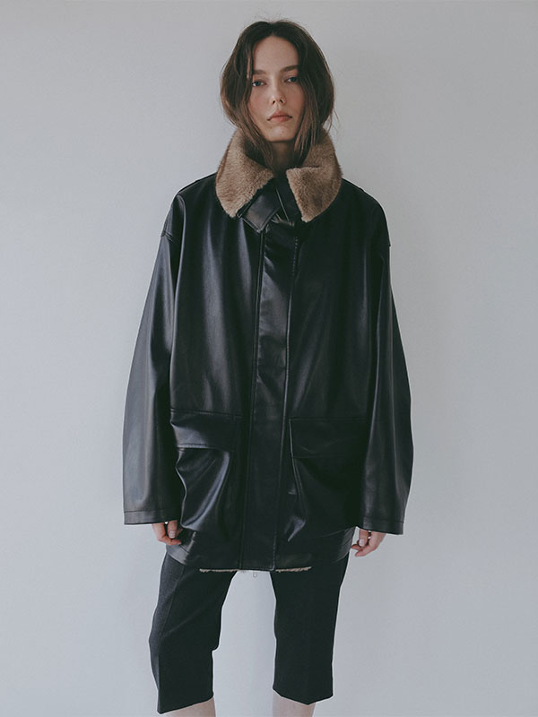 ファーカラーフェイクレザーブルゾン