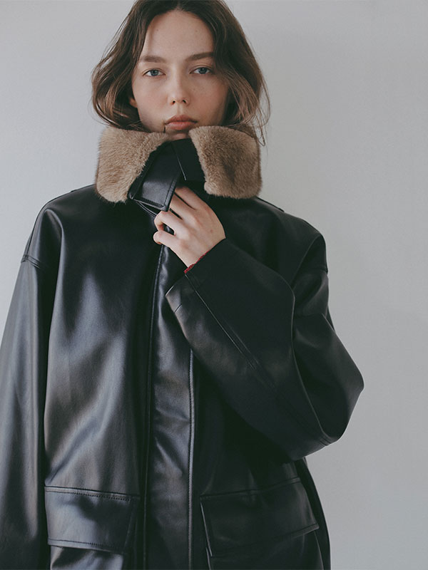 ファーカラーフェイクレザーブルゾン