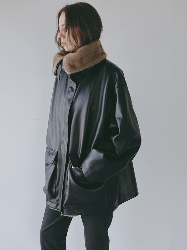 ファーカラーフェイクレザーブルゾン