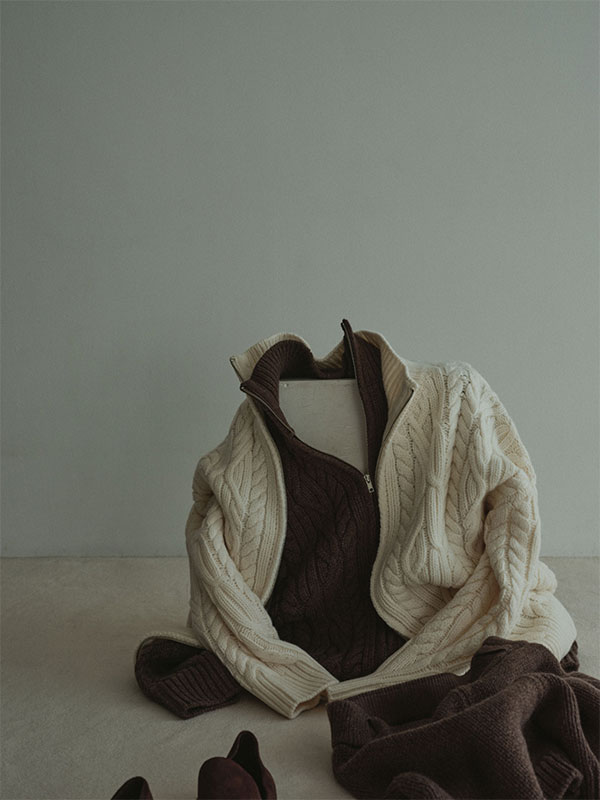 ダブルジップケーブルニットカーディガン