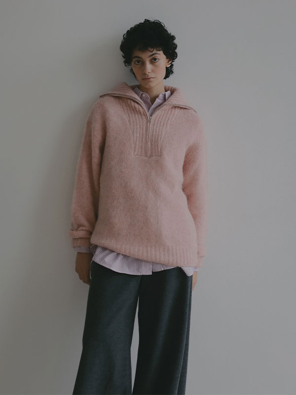 ハーフジップアルパカニットプルオーバー