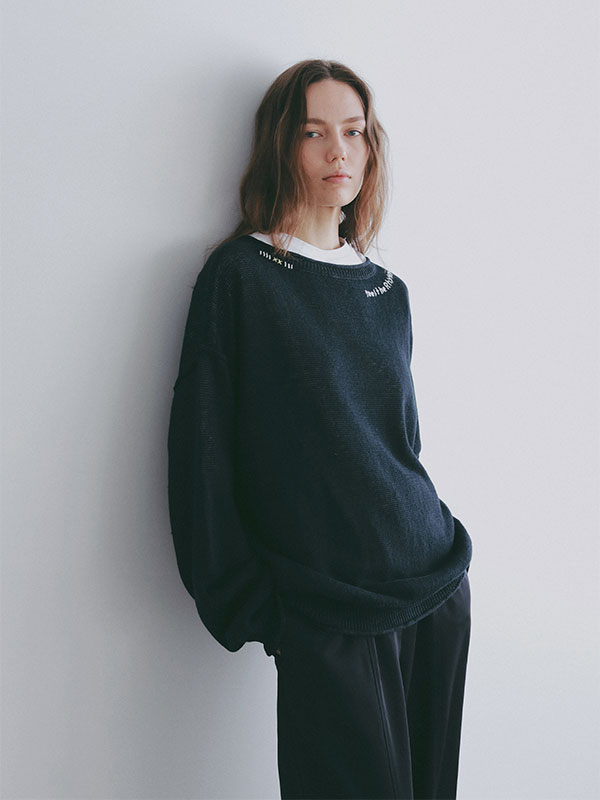 エトレトウキョウ　ロールエンドローゲージニットワンピース　ベージュ エンブロイダリーローゲージニットプルオーバー(F OFF WHITE