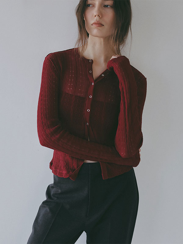 パターンスティッチシアーニットカーディガン