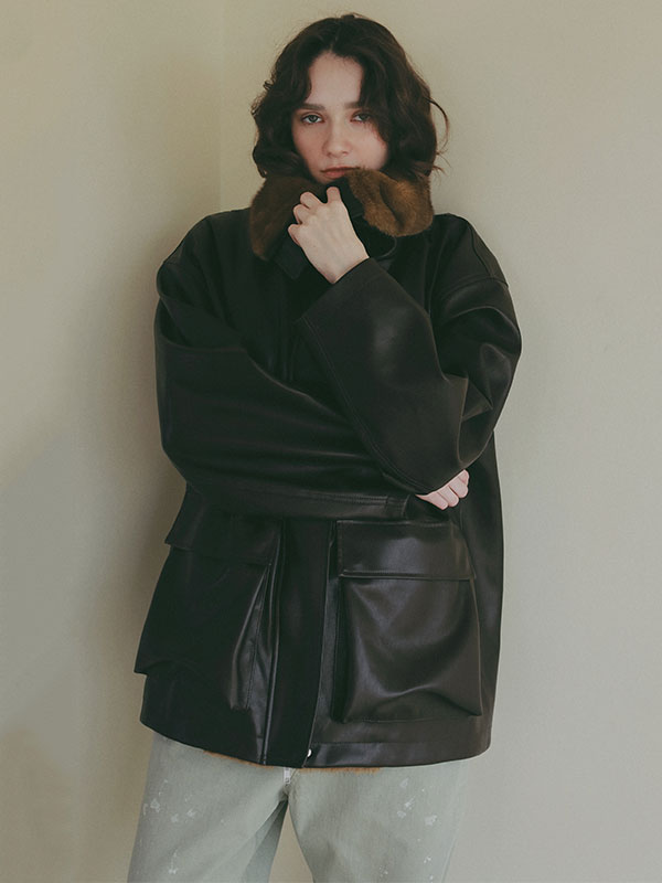 ファーカラーフェイクレザーブルゾン